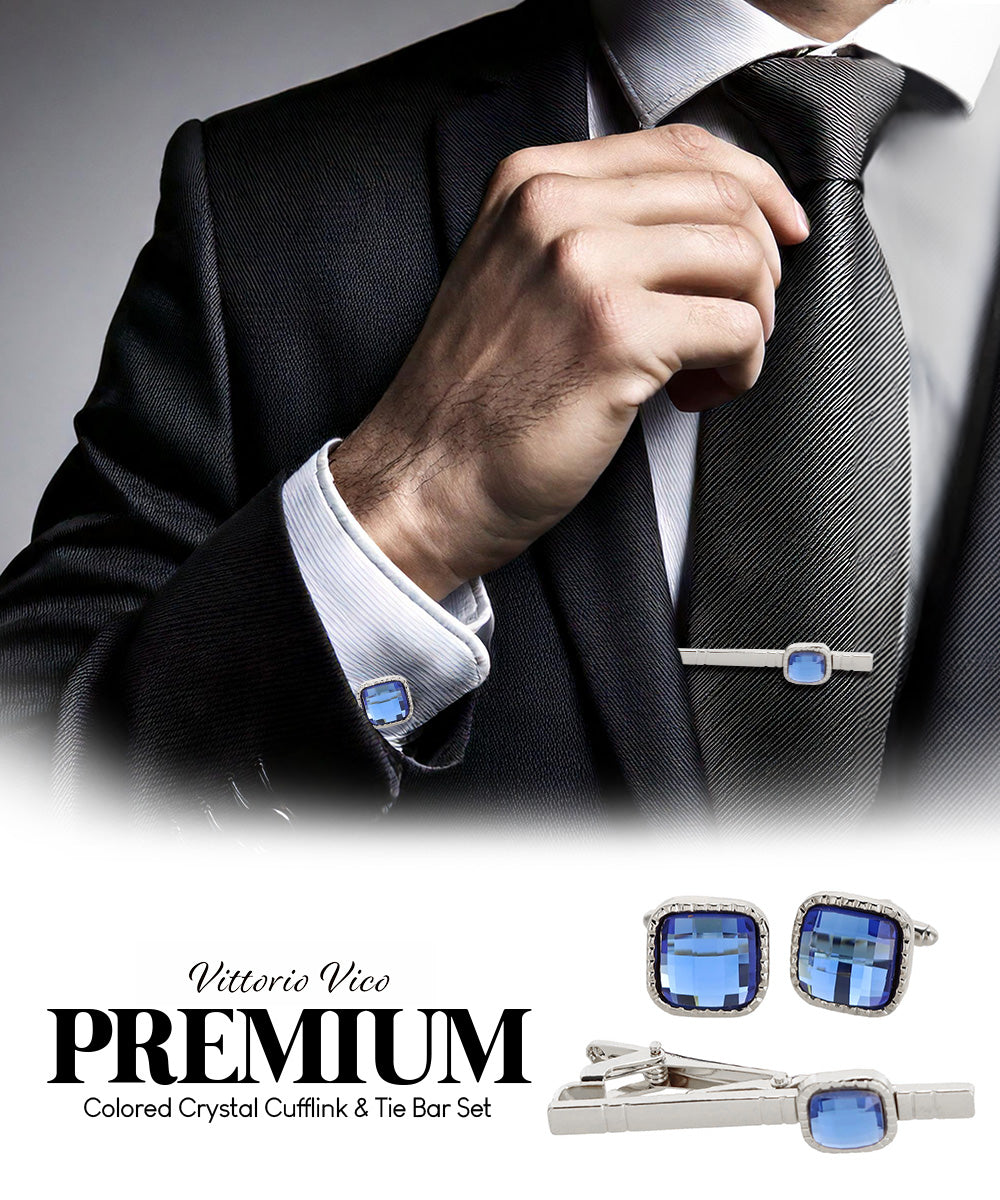 Vittorio Vico Men's Colored Crystal Cufflink &amp; Tie Bar Set in Gift Box