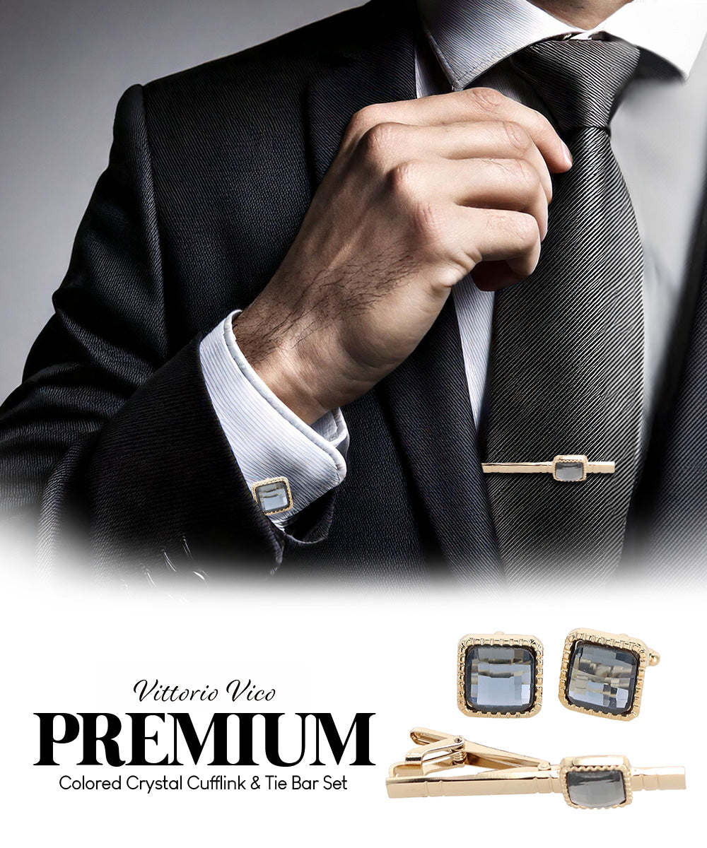 Vittorio Vico Men's Colored Crystal Cufflink &amp; Tie Bar Set in Gift Box