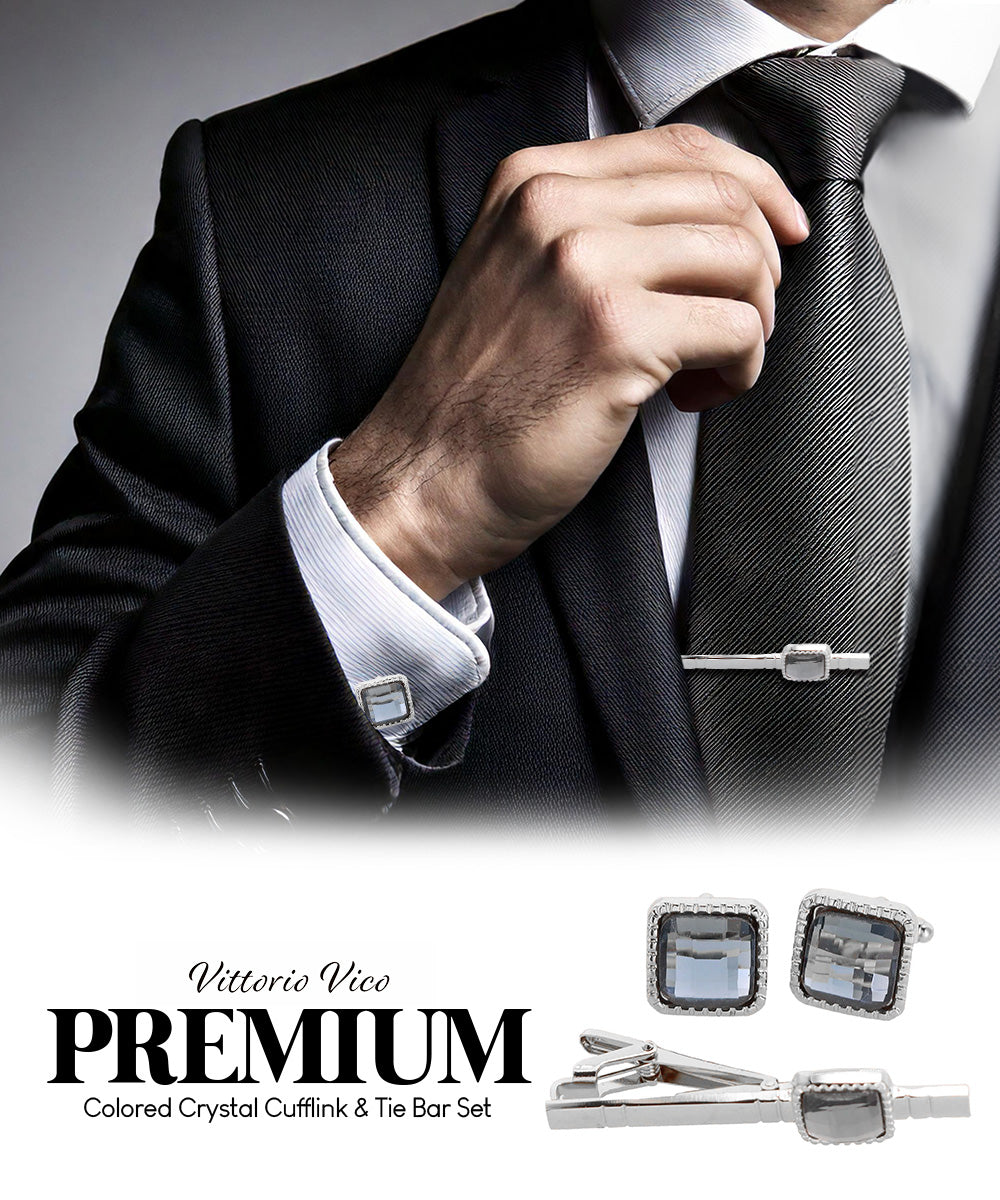 Vittorio Vico Men's Colored Crystal Cufflink &amp; Tie Bar Set in Gift Box