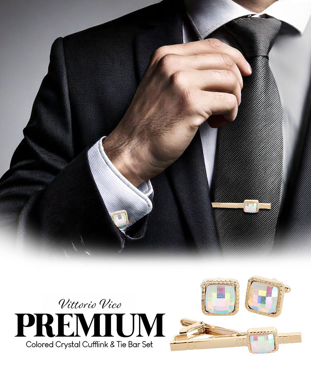 Vittorio Vico Men's Colored Crystal Cufflink &amp; Tie Bar Set in Gift Box