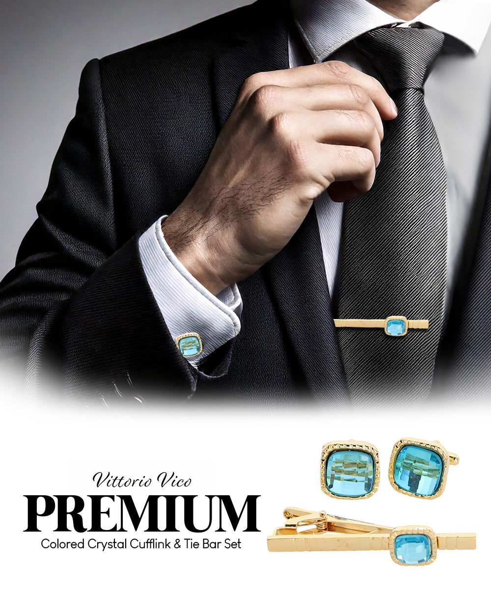 Vittorio Vico Men's Colored Crystal Cufflink &amp; Tie Bar Set in Gift Box