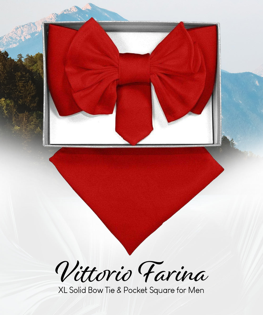 Vittorio Farina Men's XL Solid Satin Bow Tie &amp; Pocket Square in Gift Box