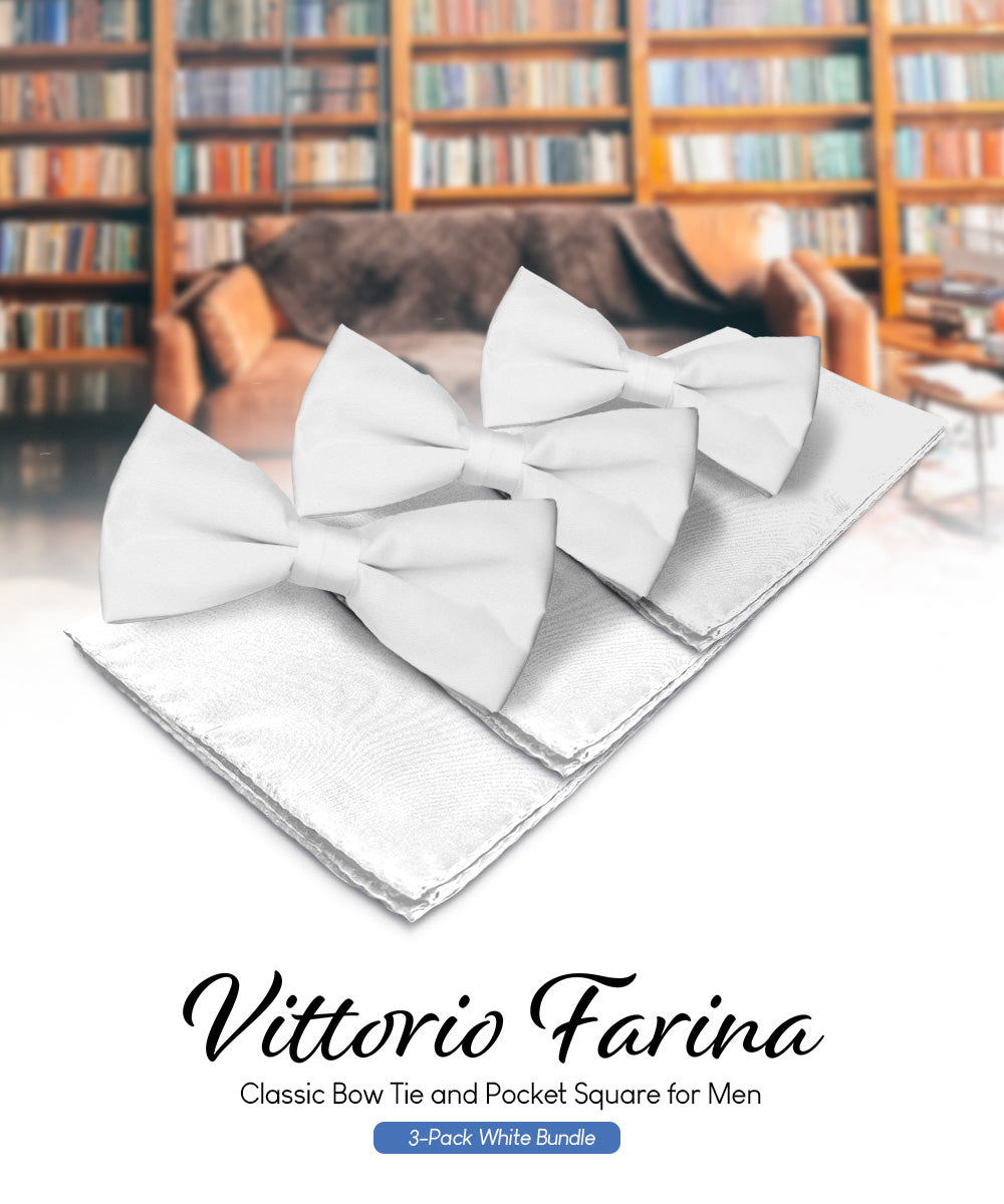 Vittorio Farina Classic Bow Tie &amp; Pocket Square Multipacks - BH - SOLID - 3_WHITE - Classy Cufflinks