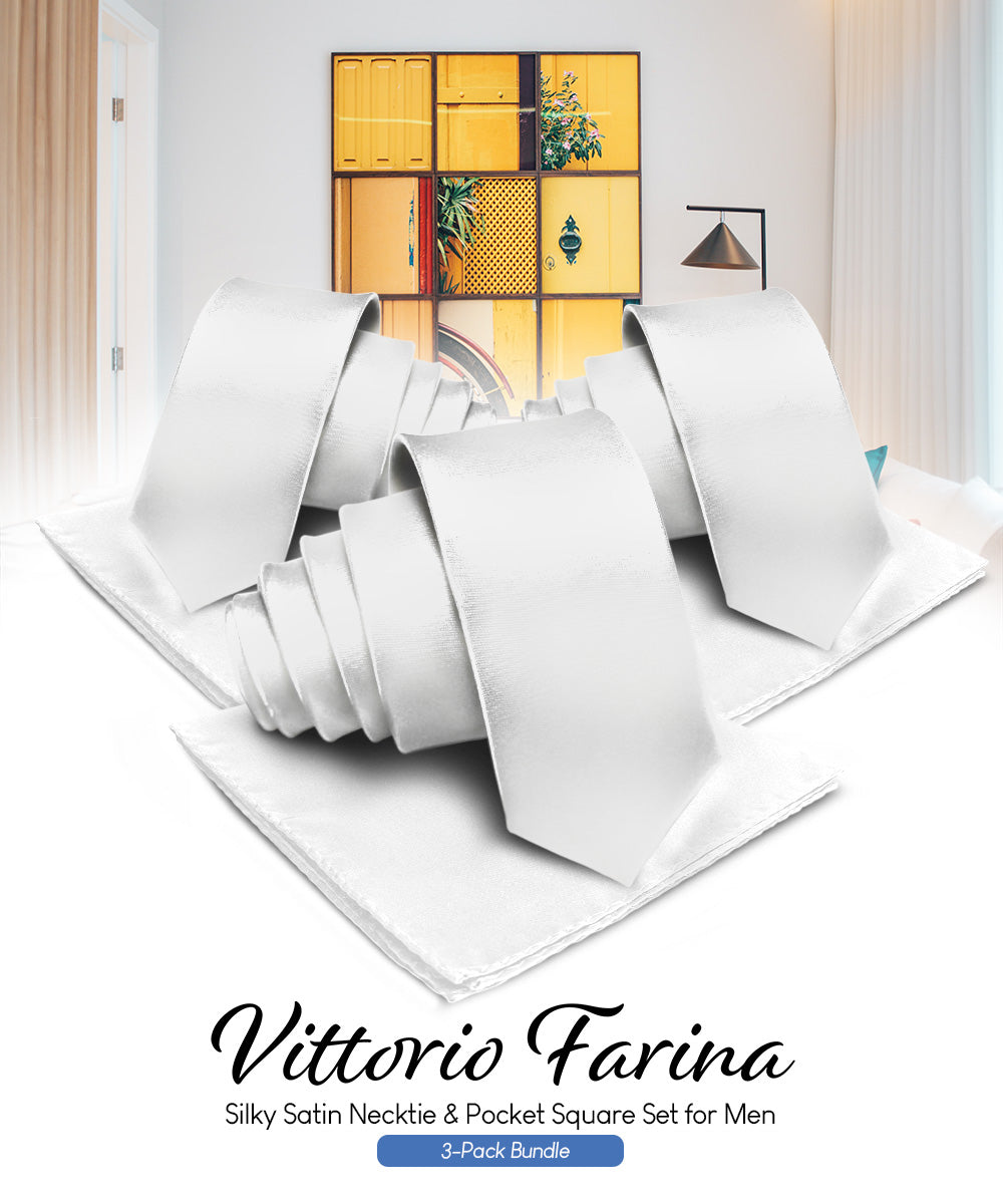 Vittorio Farina Solid Satin Necktie &amp; Pocket Square Multipacks - NH - SOLID - 3_WHITE - Classy Cufflinks