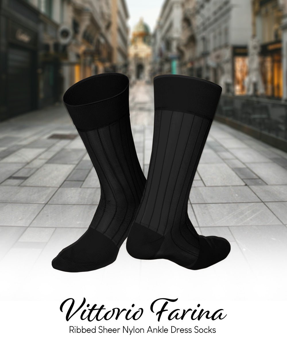 Vittorio Farina Men's Ribbed Shear Nylon Anklet Dress Socks - ank - black - s3 - 12 - Classy Cufflinks