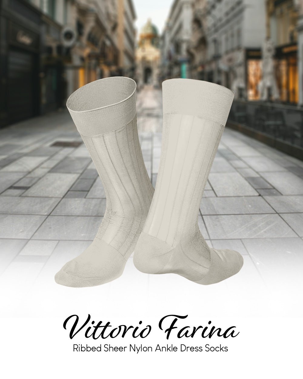 Vittorio Farina Men's Ribbed Shear Nylon Anklet Dress Socks - ank - ivory - 3 - Classy Cufflinks