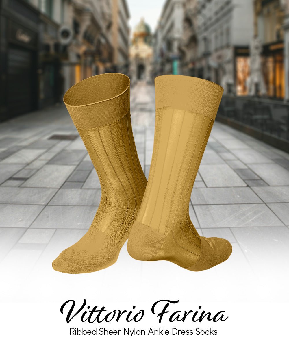 Vittorio Farina Men's Ribbed Shear Nylon Anklet Dress Socks - ank - mustard - 3 - Classy Cufflinks