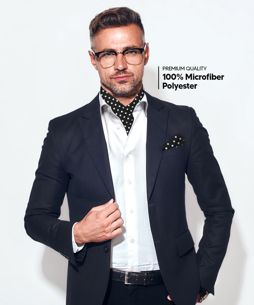 Vittorio Farina Men's Polka Dot Satin Ascot & Pocket Square - ASCOTS - PD_BLACK_WHITE - Classy Cufflinks
