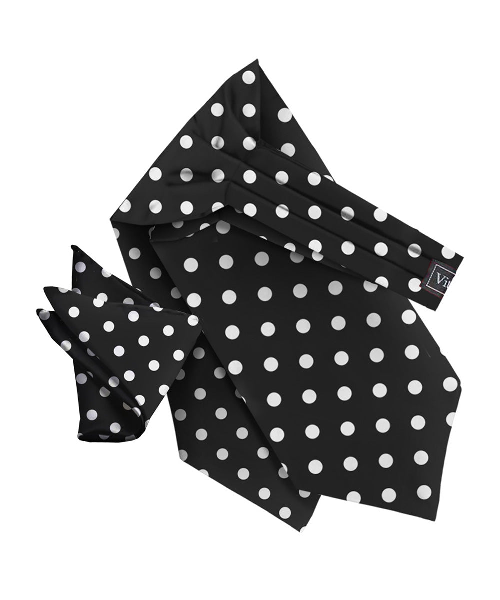 Vittorio Farina Men's Polka Dot Satin Ascot & Pocket Square - ASCOTS - PD_BLACK_WHITE - Classy Cufflinks