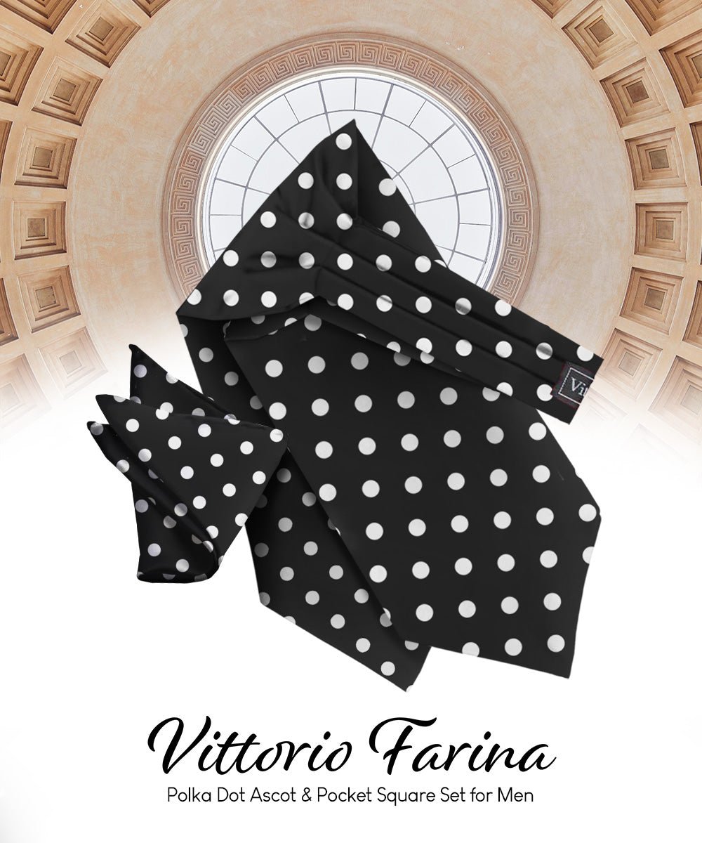 Vittorio Farina Men's Polka Dot Satin Ascot & Pocket Square - ASCOTS - PD_BLACK_WHITE - Classy Cufflinks