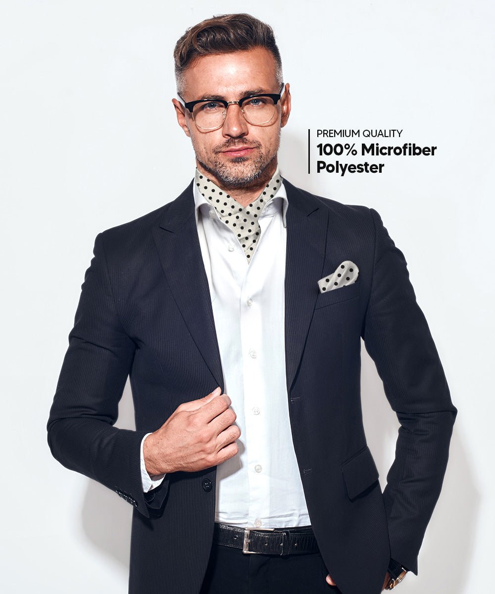Vittorio Farina Men's Polka Dot Satin Ascot &amp; Pocket Square - ASCOTS - PD_IVORY_BLACK - Classy Cufflinks