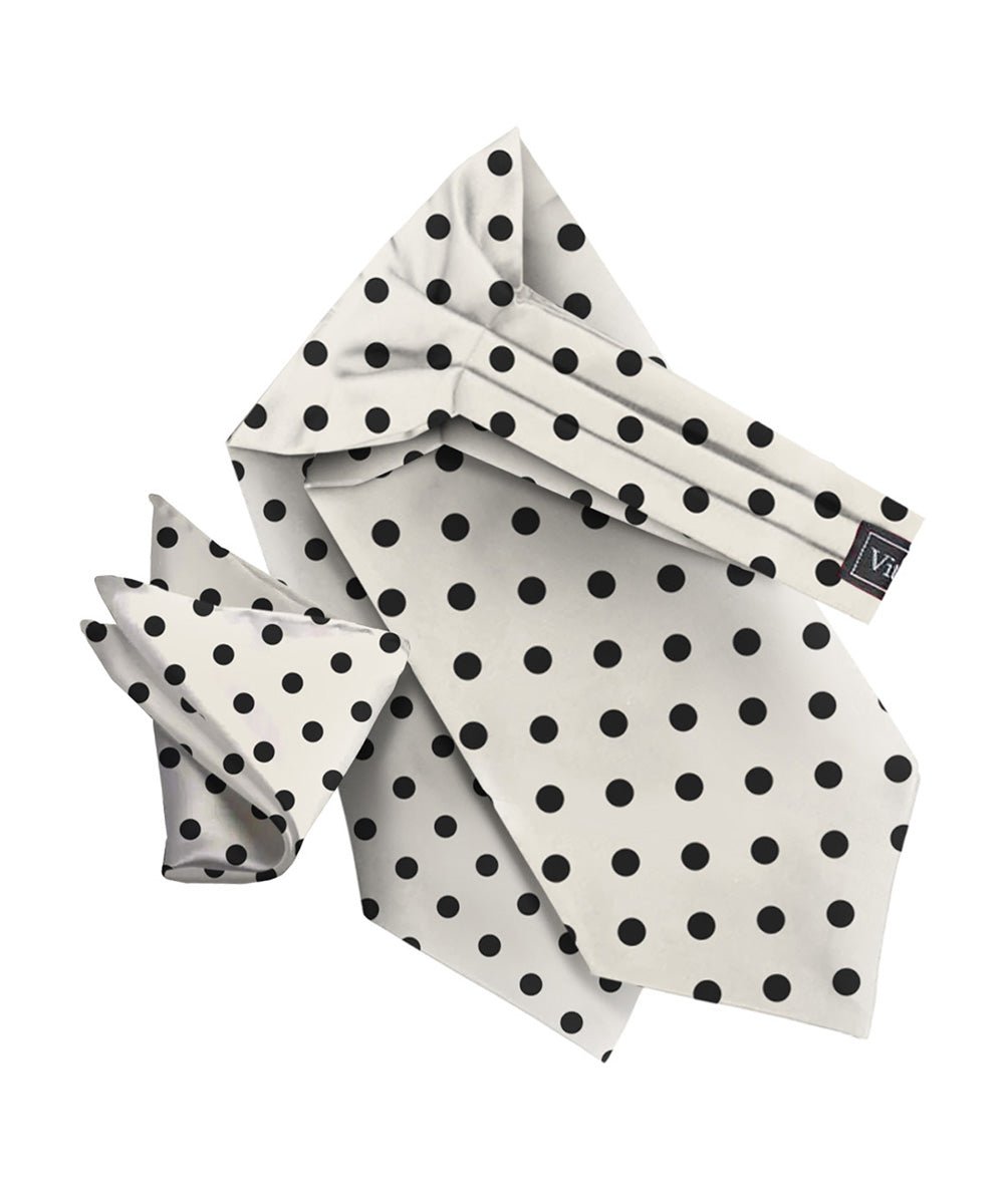 Vittorio Farina Men's Polka Dot Satin Ascot &amp; Pocket Square - ASCOTS - PD_IVORY_BLACK - Classy Cufflinks
