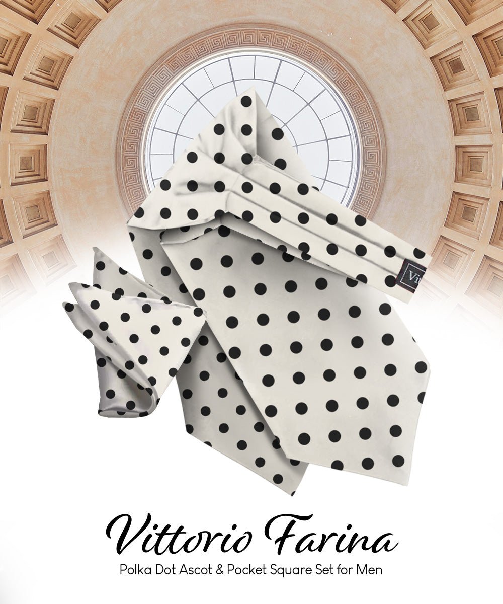 Vittorio Farina Men's Polka Dot Satin Ascot &amp; Pocket Square - ASCOTS - PD_IVORY_BLACK - Classy Cufflinks