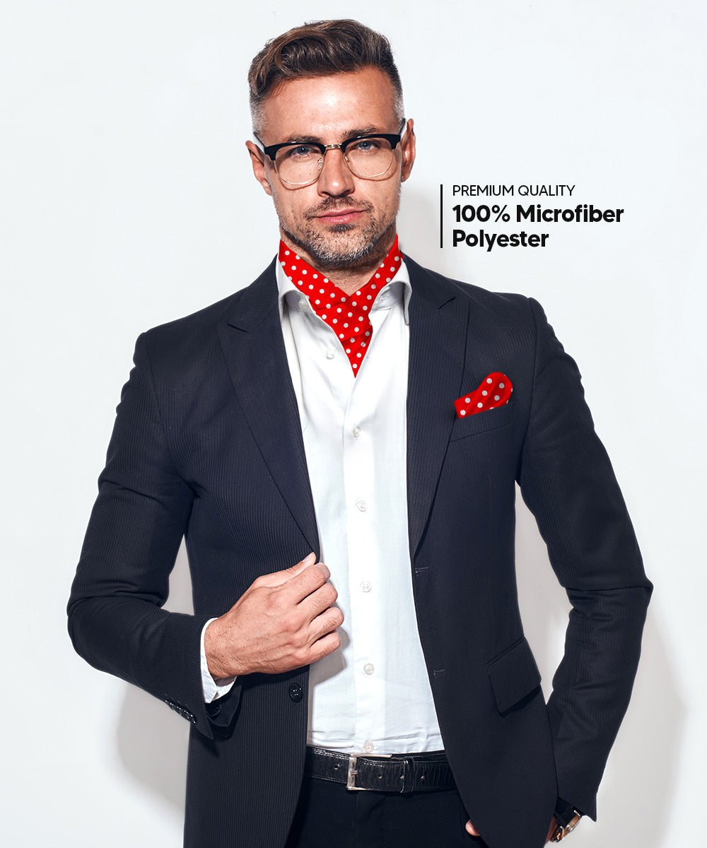 Vittorio Farina Men's Polka Dot Satin Ascot & Pocket Square - ASCOTS - PD_RED_WHITE - Classy Cufflinks