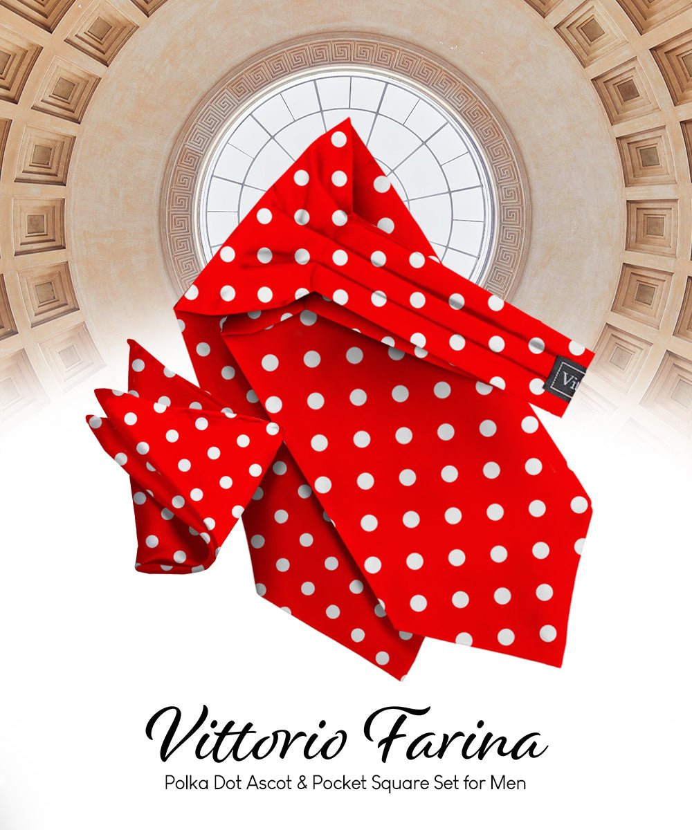 Vittorio Farina Men's Polka Dot Satin Ascot &amp; Pocket Square - ASCOTS - PD_RED_WHITE - Classy Cufflinks