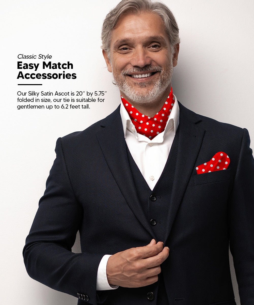 Vittorio Farina Men's Polka Dot Satin Ascot &amp; Pocket Square - ASCOTS - PD_RED_WHITE - Classy Cufflinks