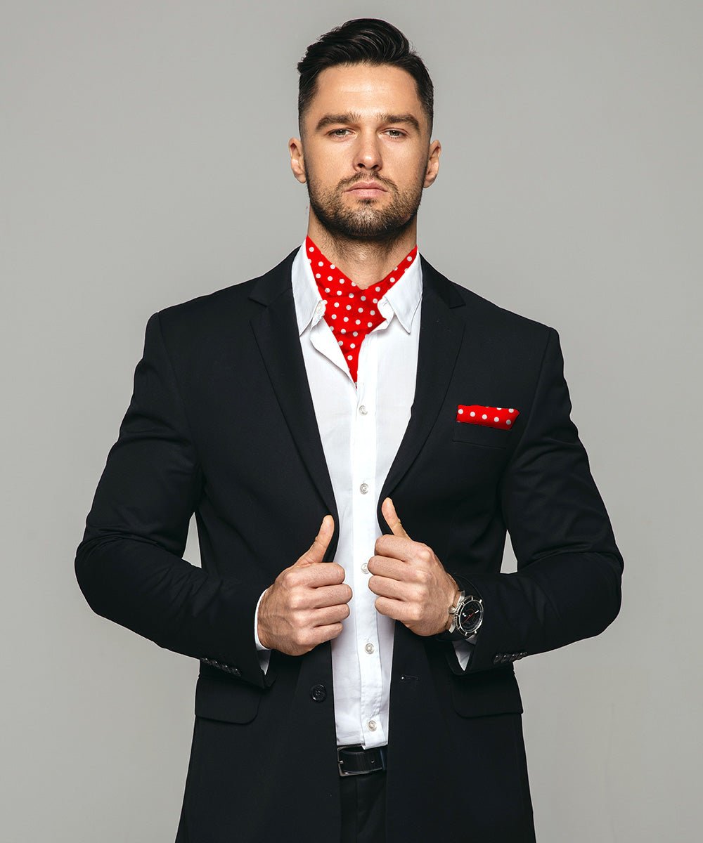 Vittorio Farina Men's Polka Dot Satin Ascot & Pocket Square - ASCOTS - PD_RED_WHITE - Classy Cufflinks