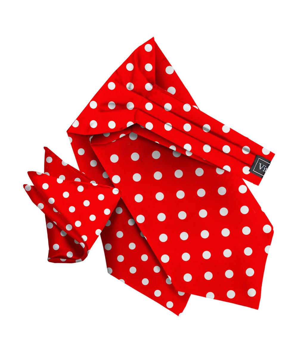 Vittorio Farina Men's Polka Dot Satin Ascot &amp; Pocket Square - ASCOTS - PD_RED_WHITE - Classy Cufflinks