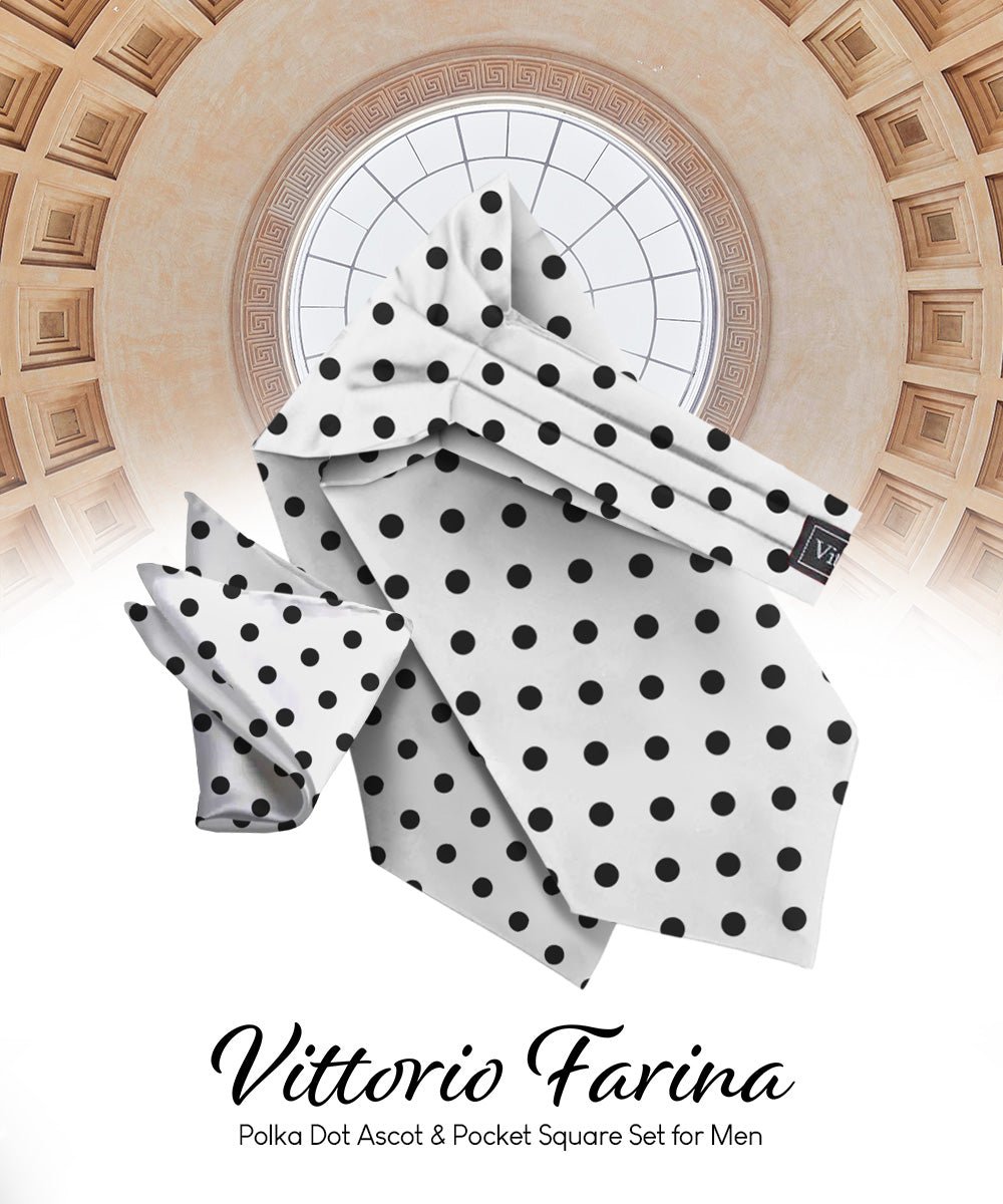 Vittorio Farina Men's Polka Dot Satin Ascot &amp; Pocket Square - ASCOTS - PD_WHITE_BLACK - Classy Cufflinks