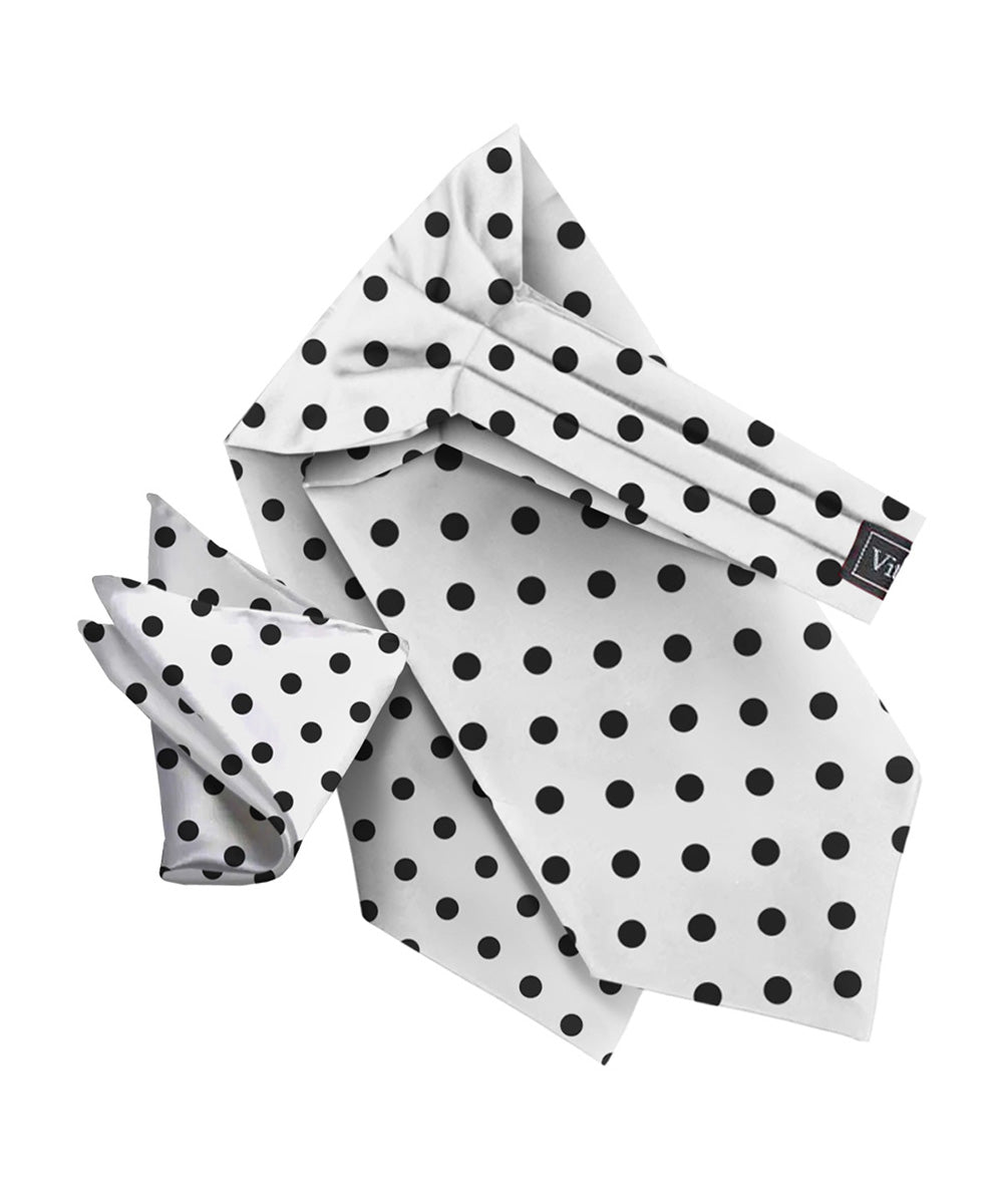 Vittorio Farina Men's Polka Dot Satin Ascot &amp; Pocket Square - ASCOTS - PD_WHITE_BLACK - Classy Cufflinks