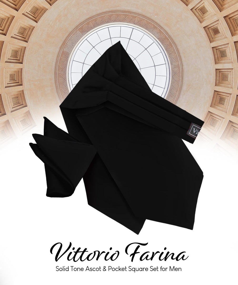 Vittorio Farina Men's Solid Satin Ascot & Pocket Square - ASCOTS - SOLID_BLACK - Classy Cufflinks