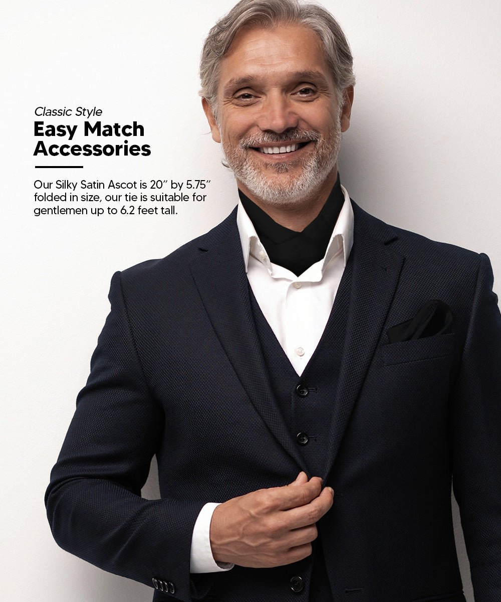 Vittorio Farina Men's Solid Satin Ascot & Pocket Square - ASCOTS - SOLID_BLACK - Classy Cufflinks