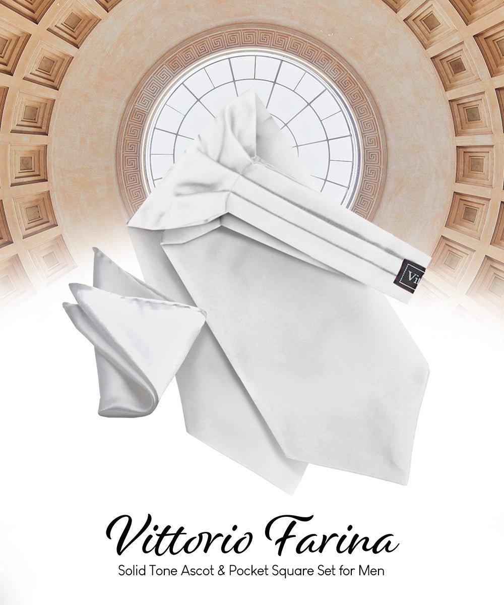 Vittorio Farina Men's Solid Satin Ascot & Pocket Square - ASCOTS - SOLID_WHITE - Classy Cufflinks