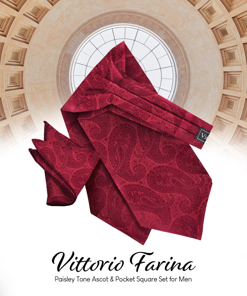 Vittorio Farina Men's Woven Pasiley Ascot &amp; Pocket Square - ASCOTS - WP_BURGUNDY - Classy Cufflinks