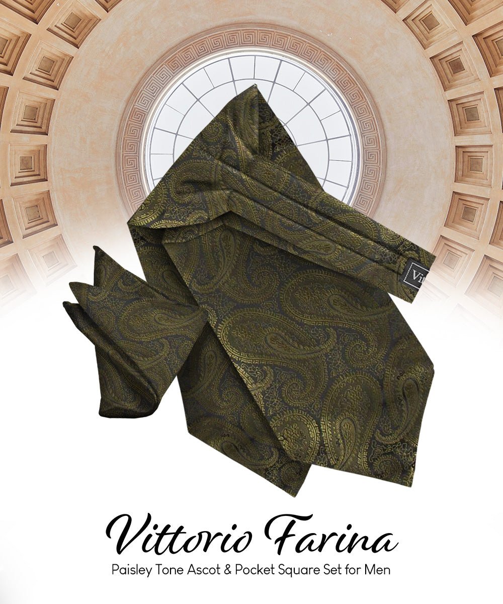 Vittorio Farina Men's Woven Pasiley Ascot & Pocket Square - ASCOTS - WP_OLIVE - Classy Cufflinks