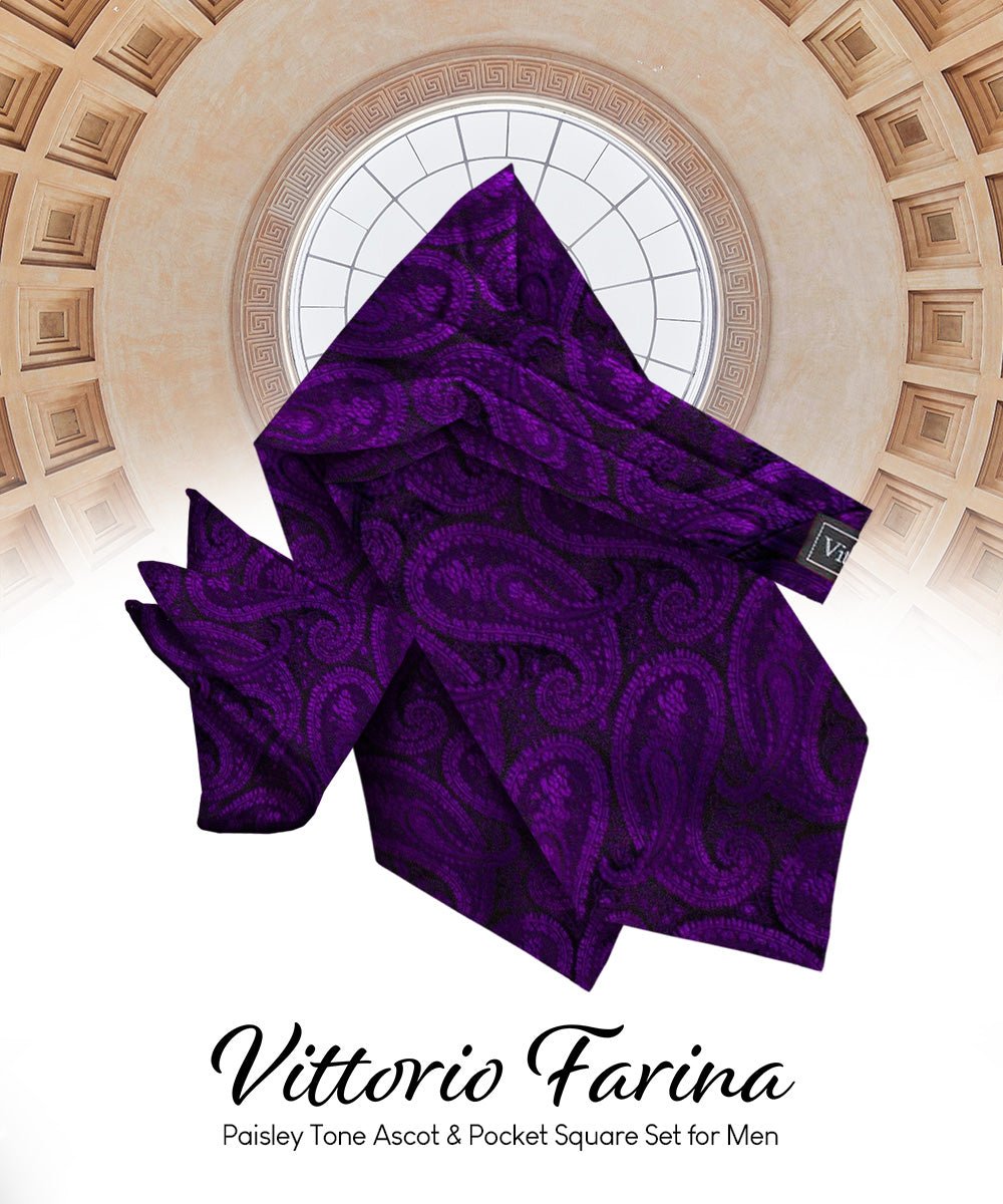 Vittorio Farina Men's Woven Pasiley Ascot &amp; Pocket Square - ASCOTS - WP_PURPLE - Classy Cufflinks