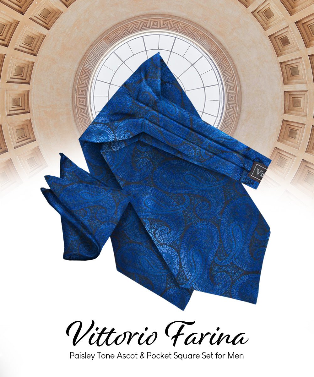 Vittorio Farina Men's Woven Pasiley Ascot &amp; Pocket Square - ASCOTS - WP_ROYAL - Classy Cufflinks