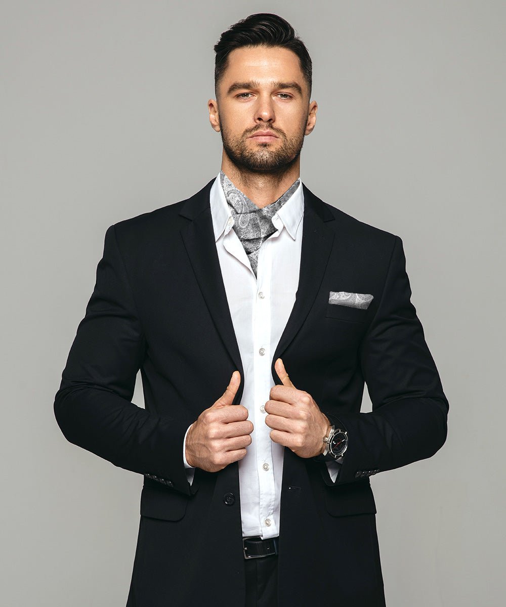 Vittorio Farina Men's Woven Pasiley Ascot & Pocket Square - ASCOTS - WP_SILVER - Classy Cufflinks