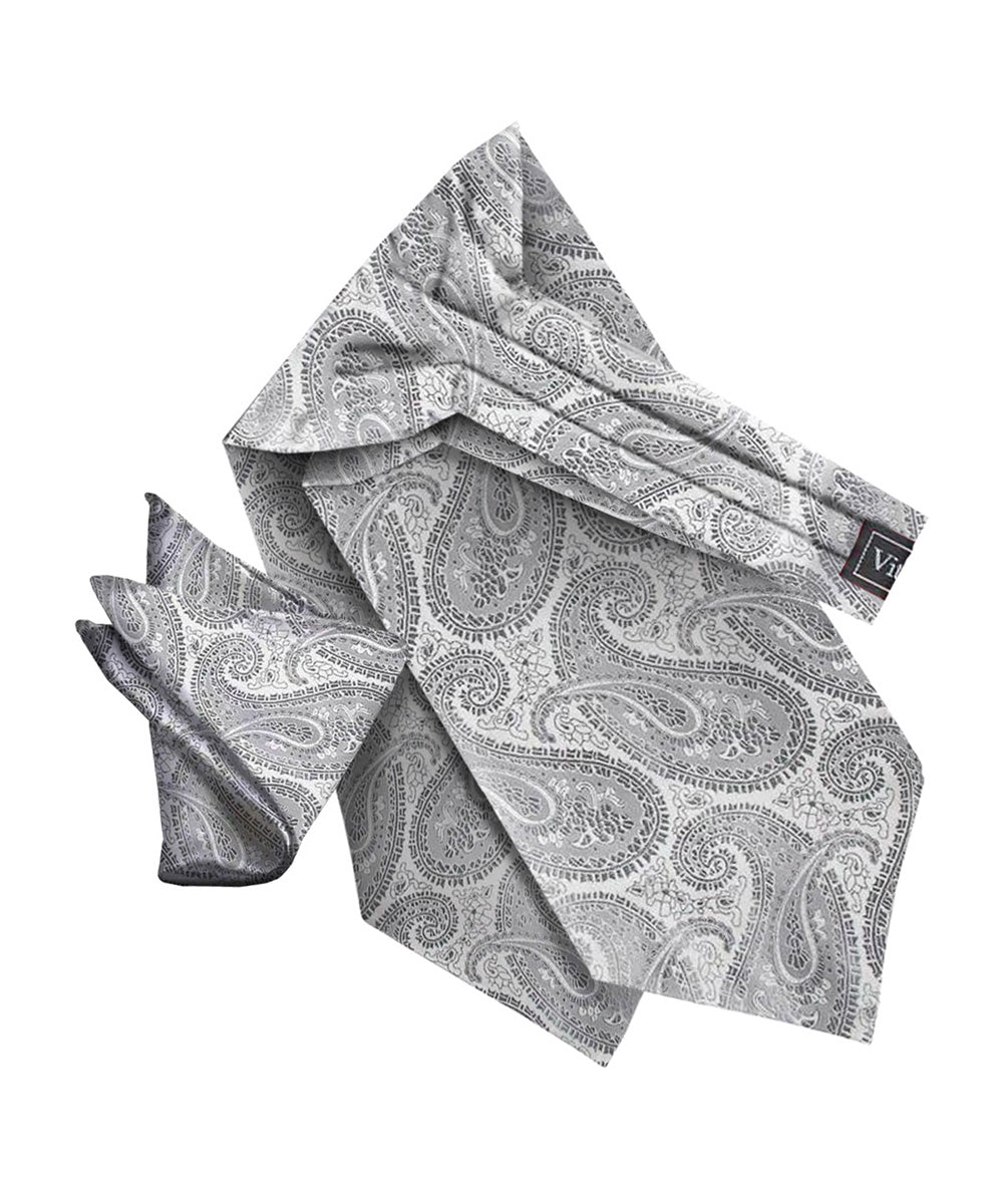 Vittorio Farina Men's Woven Pasiley Ascot &amp; Pocket Square - ASCOTS - WP_SILVER - Classy Cufflinks