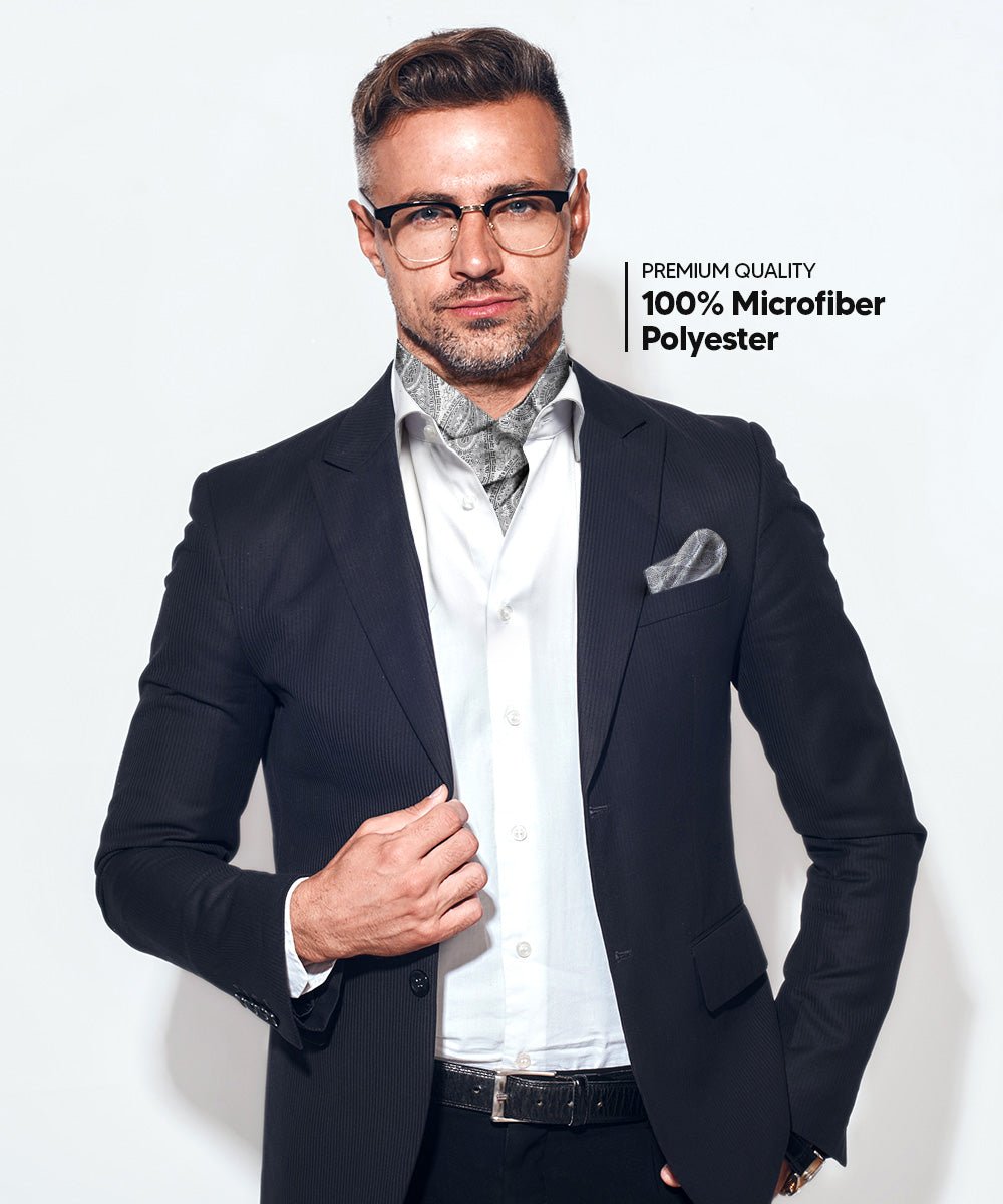 Vittorio Farina Men's Woven Pasiley Ascot &amp; Pocket Square - ASCOTS - WP_SILVER - Classy Cufflinks