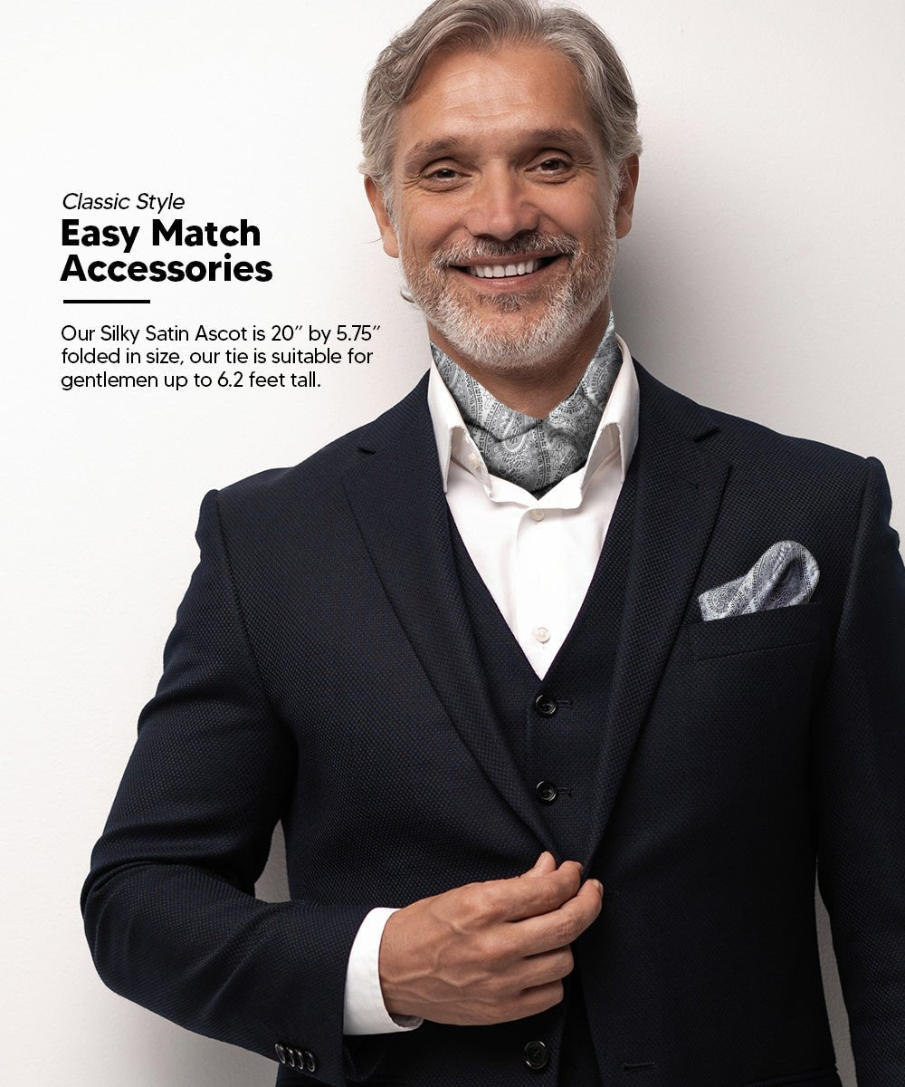 Vittorio Farina Men's Woven Pasiley Ascot &amp; Pocket Square - ASCOTS - WP_SILVER - Classy Cufflinks
