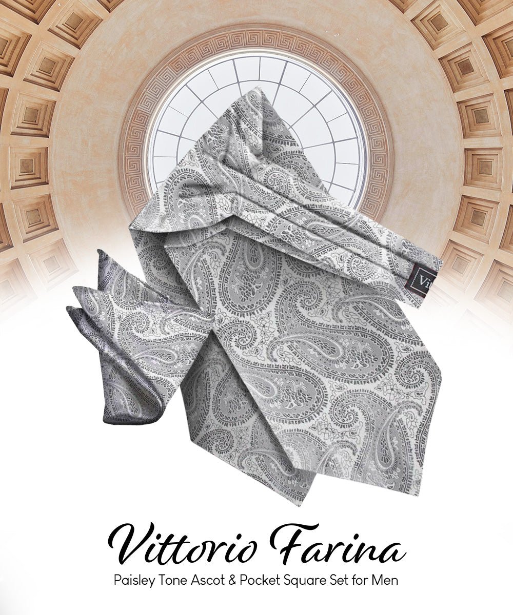 Vittorio Farina Men's Woven Pasiley Ascot &amp; Pocket Square - ASCOTS - WP_SILVER - Classy Cufflinks