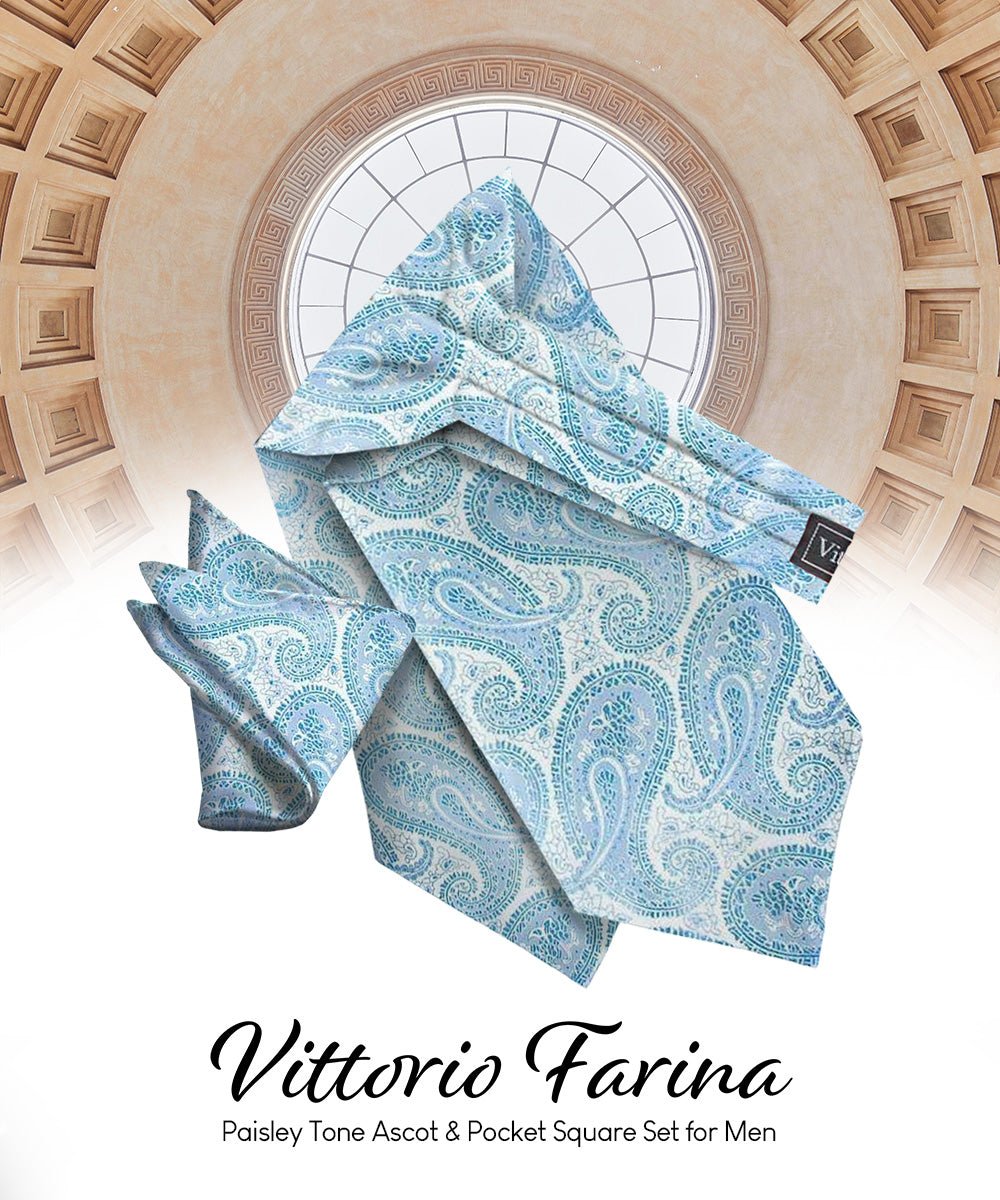 Vittorio Farina Men's Woven Pasiley Ascot &amp; Pocket Square - ASCOTS - WP_SKY - Classy Cufflinks