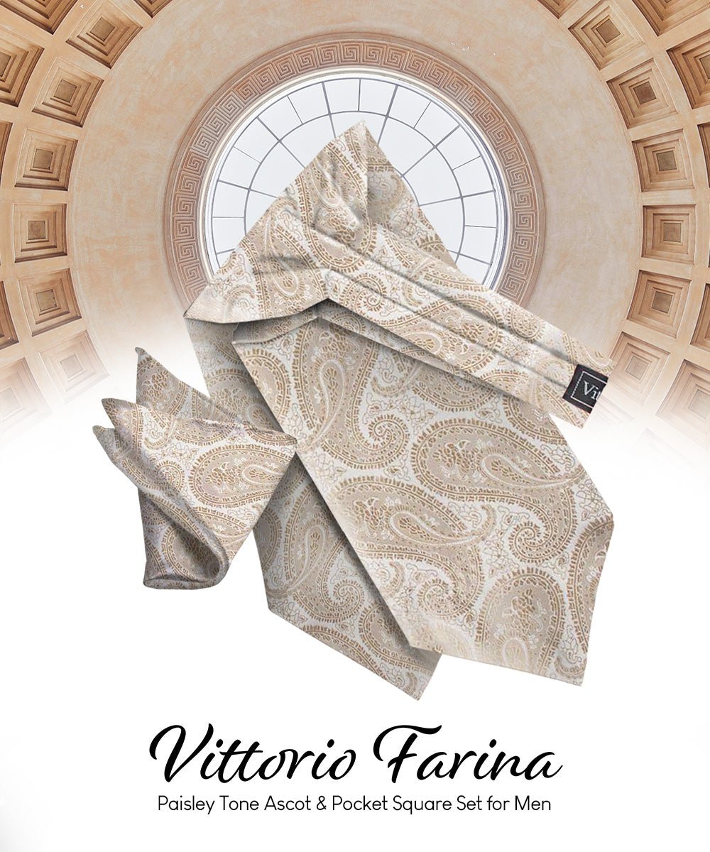 Vittorio Farina Men's Woven Pasiley Ascot &amp; Pocket Square - ASCOTS - WP_TAUPE - Classy Cufflinks