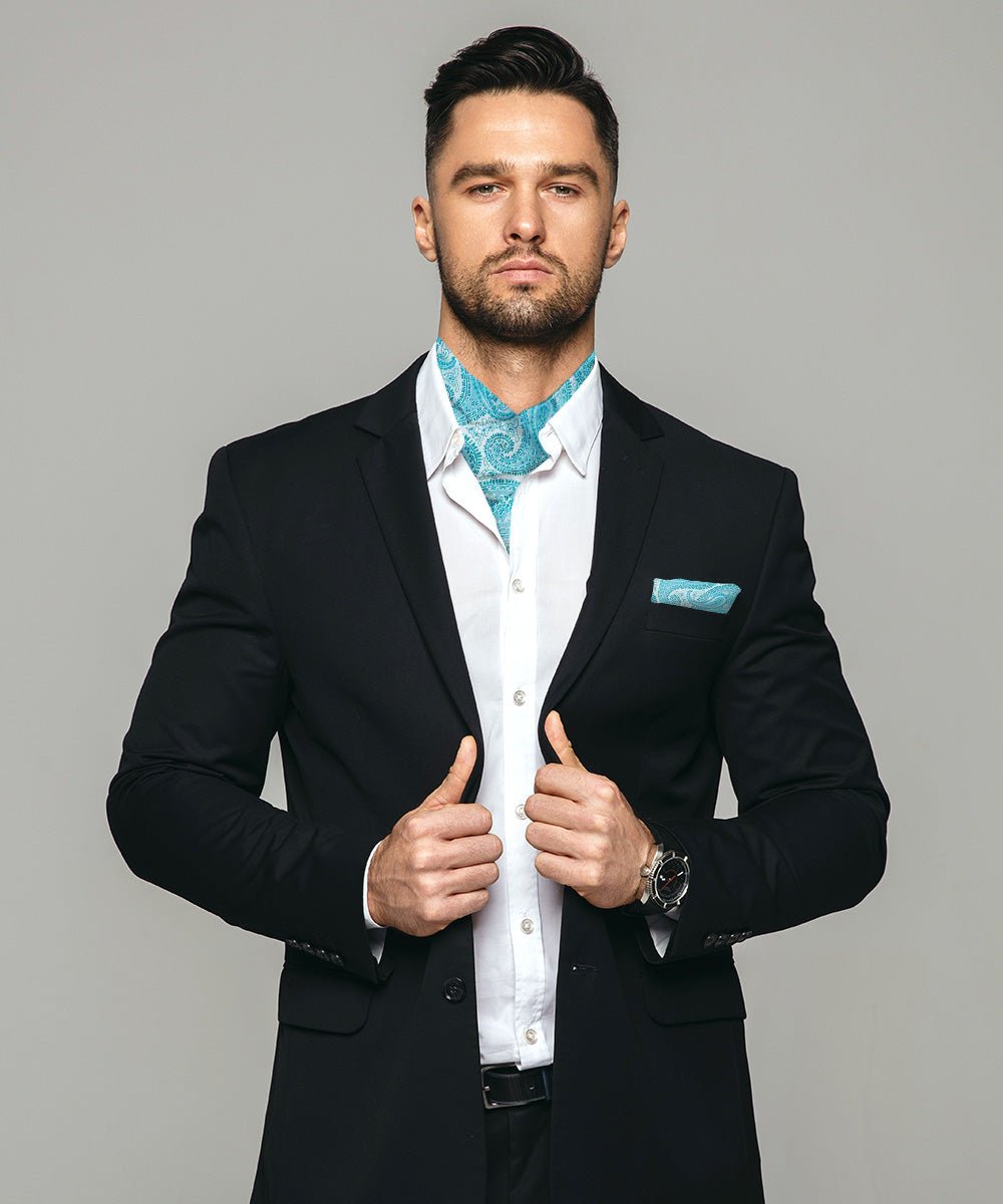 Vittorio Farina Men's Woven Pasiley Ascot & Pocket Square - ASCOTS - WP_TURQUOISE - Classy Cufflinks