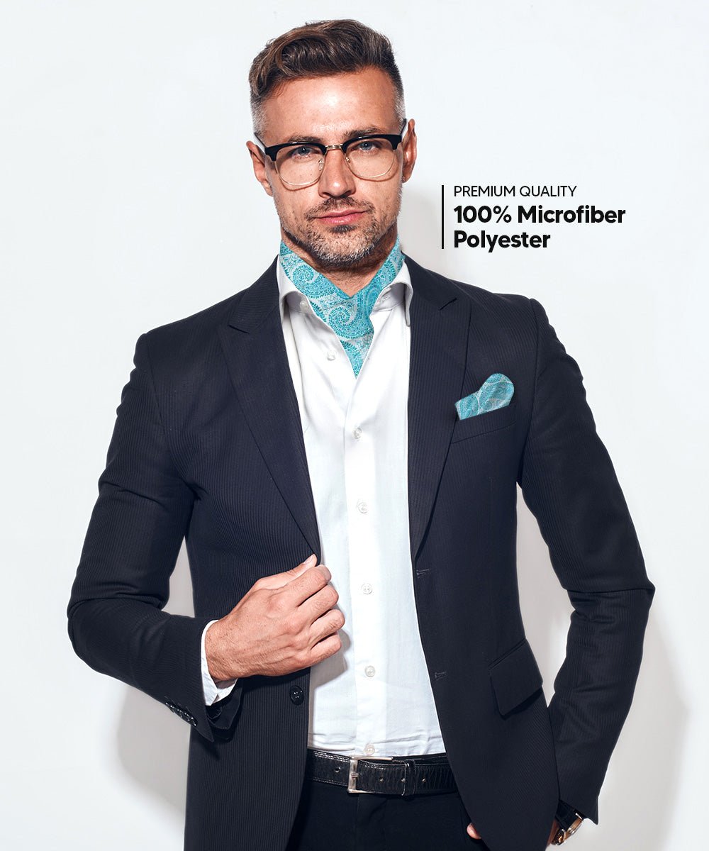 Vittorio Farina Men's Woven Pasiley Ascot & Pocket Square - ASCOTS - WP_TURQUOISE - Classy Cufflinks
