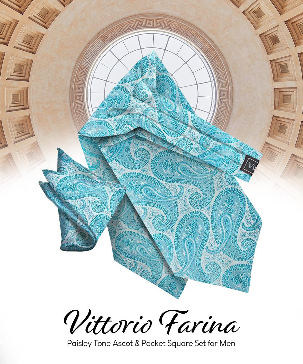 Vittorio Farina Men's Woven Pasiley Ascot &amp; Pocket Square - ASCOTS - WP_TURQUOISE - Classy Cufflinks