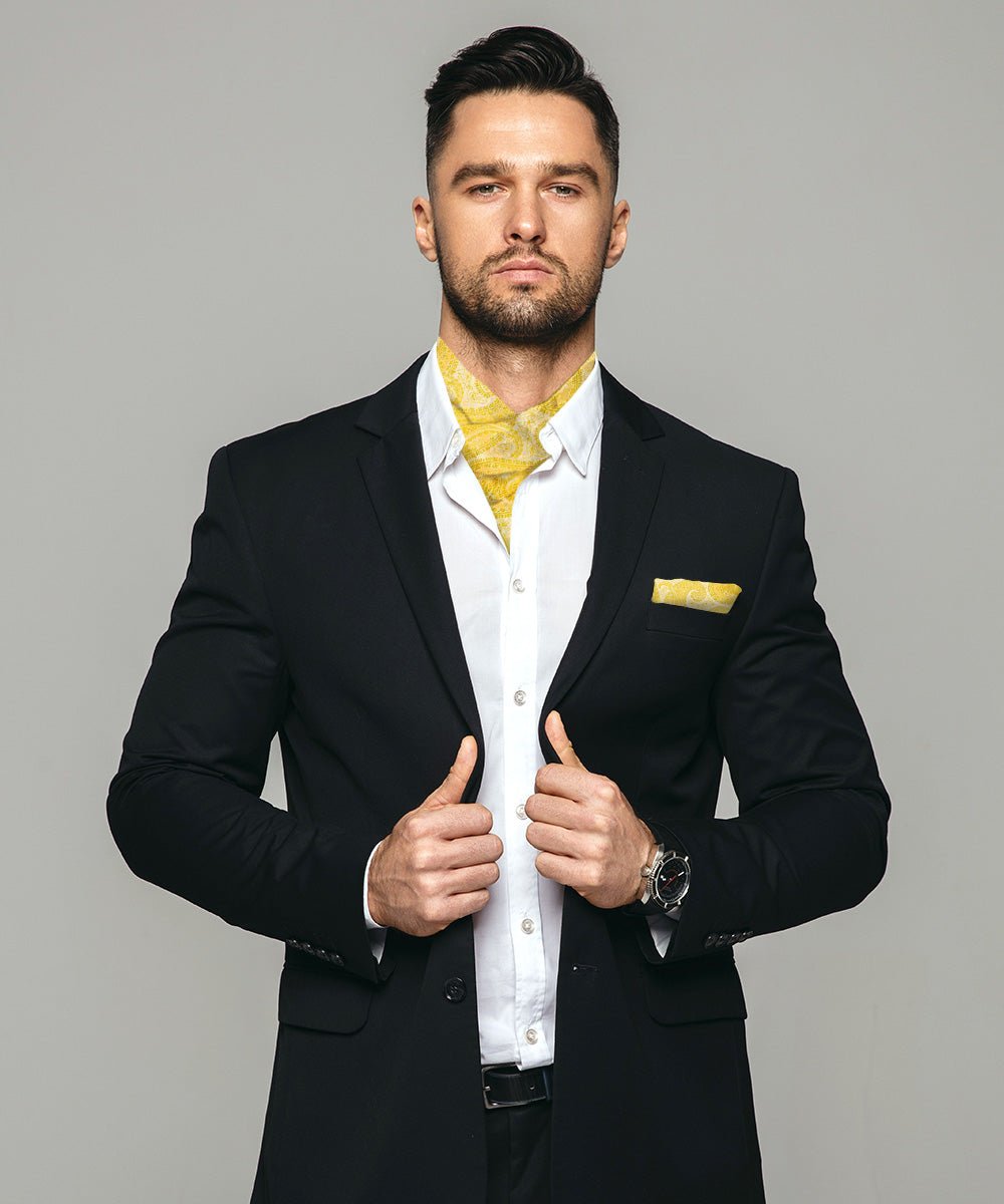 Vittorio Farina Men's Woven Pasiley Ascot & Pocket Square - ASCOTS - WP_YELLOW - Classy Cufflinks