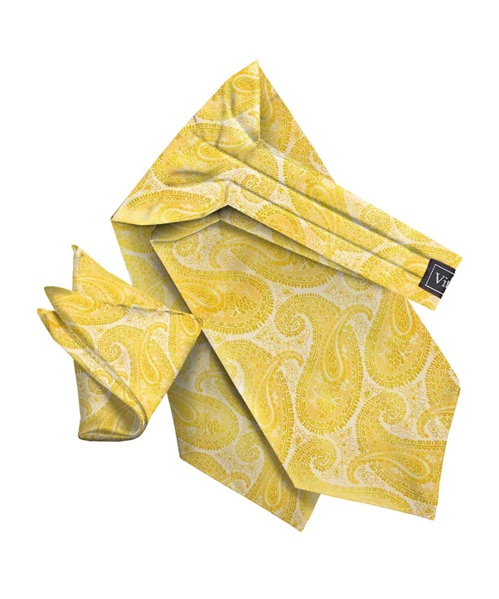 Vittorio Farina Men's Woven Pasiley Ascot &amp; Pocket Square - ASCOTS - WP_YELLOW - Classy Cufflinks
