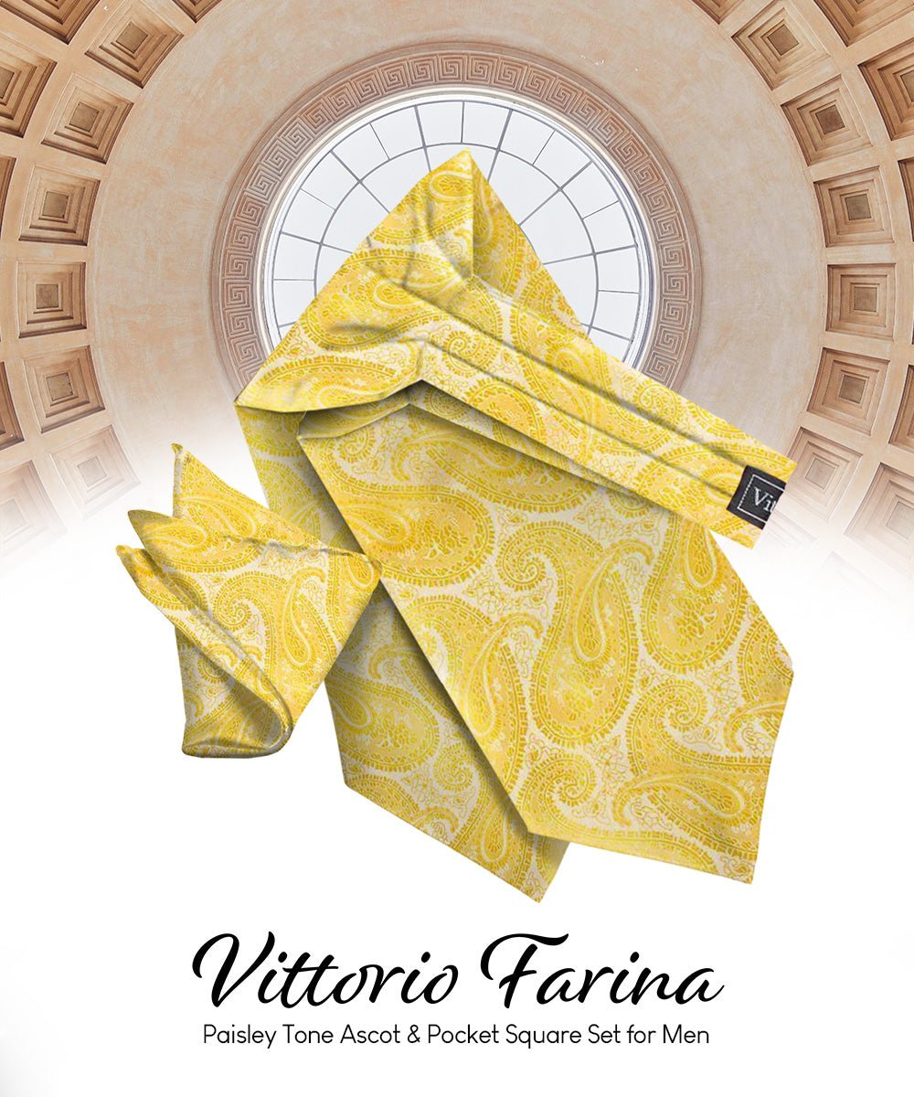 Vittorio Farina Men's Woven Pasiley Ascot & Pocket Square - ASCOTS - WP_YELLOW - Classy Cufflinks