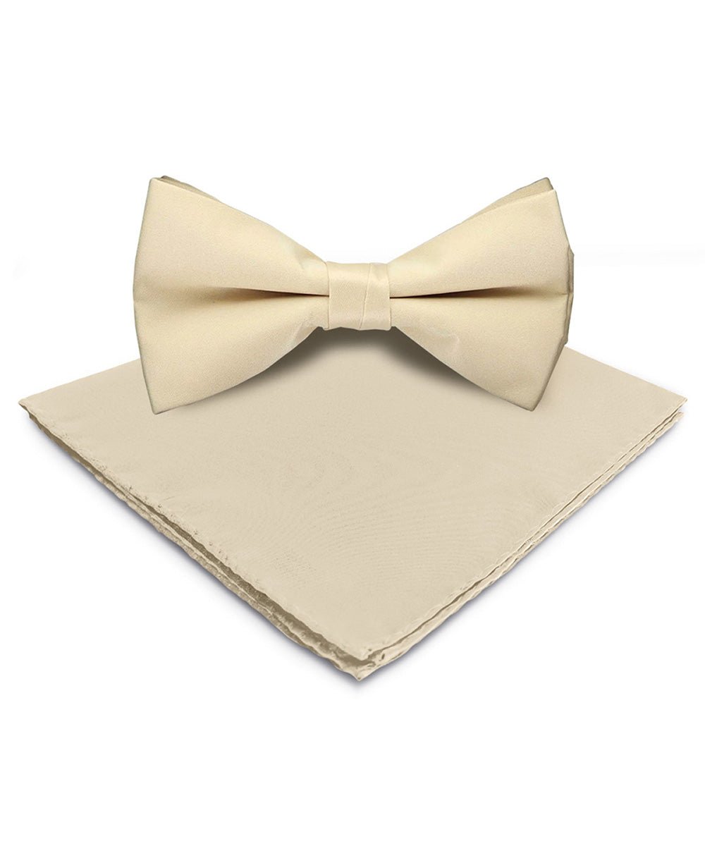 Vittorio Farina Men's Satin Bow Tie &amp; Pocket Square in Gift Box - basic - bow - tie - hanky - beige - Classy Cufflinks
