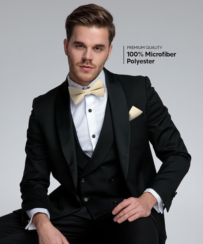 Vittorio Farina Classic Bow Tie &amp; Pocket Square - basic - bow - tie - hanky - beige - Classy Cufflinks