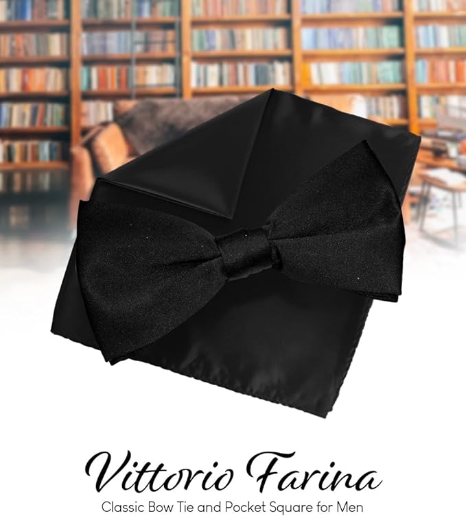 Vittorio Farina Classic Bow Tie & Pocket Square - basic - bow - tie - hanky - black - Classy Cufflinks