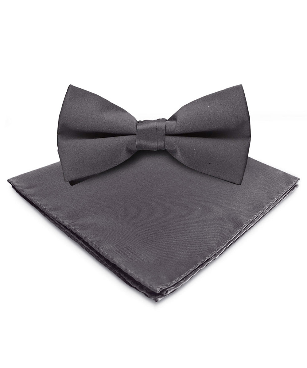 Vittorio Farina Men's Satin Bow Tie &amp; Pocket Square in Gift Box - basic - bow - tie - hanky - charcoal - Classy Cufflinks