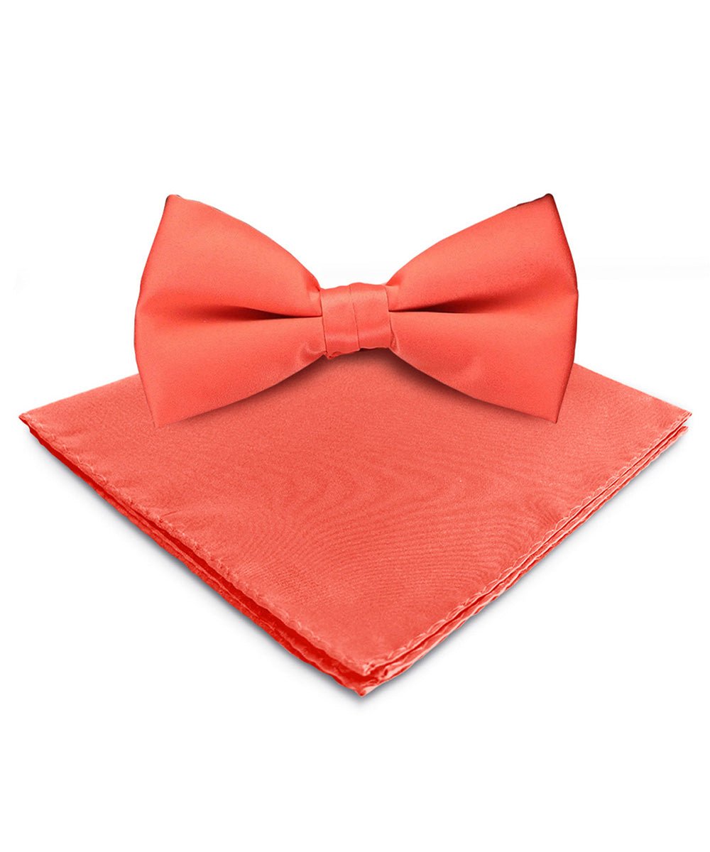 Vittorio Farina Men's Satin Bow Tie &amp; Pocket Square in Gift Box - basic - bow - tie - hanky - coral - Classy Cufflinks