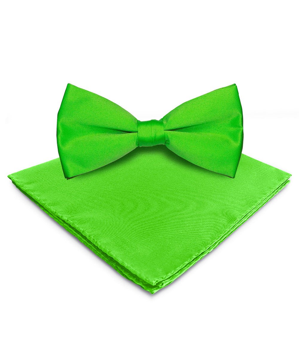Vittorio Farina Men's Satin Bow Tie &amp; Pocket Square in Gift Box - basic - bow - tie - hanky - lime - Classy Cufflinks